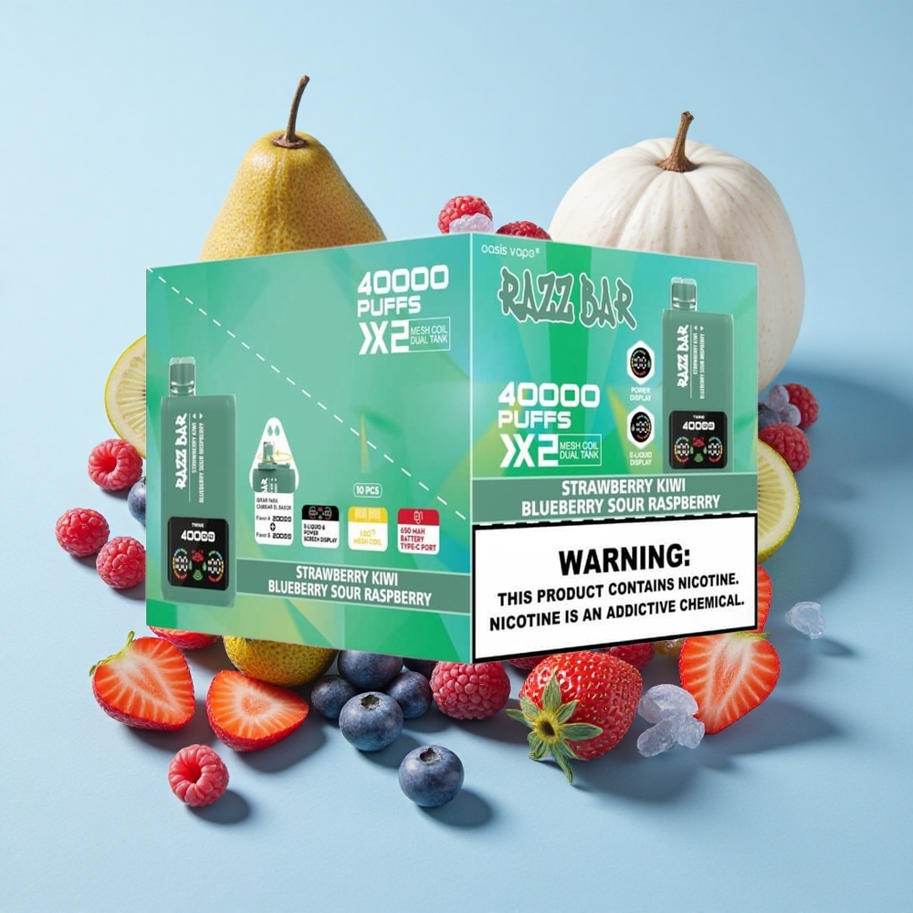 Razz Bar 40000 Puffs فراولة كيوي_توت أزرق عصير توت عرض شاشة الطاقة 1.0Ohm 2 ملف شبكي 650 مAh بطارية منفذ Type-C