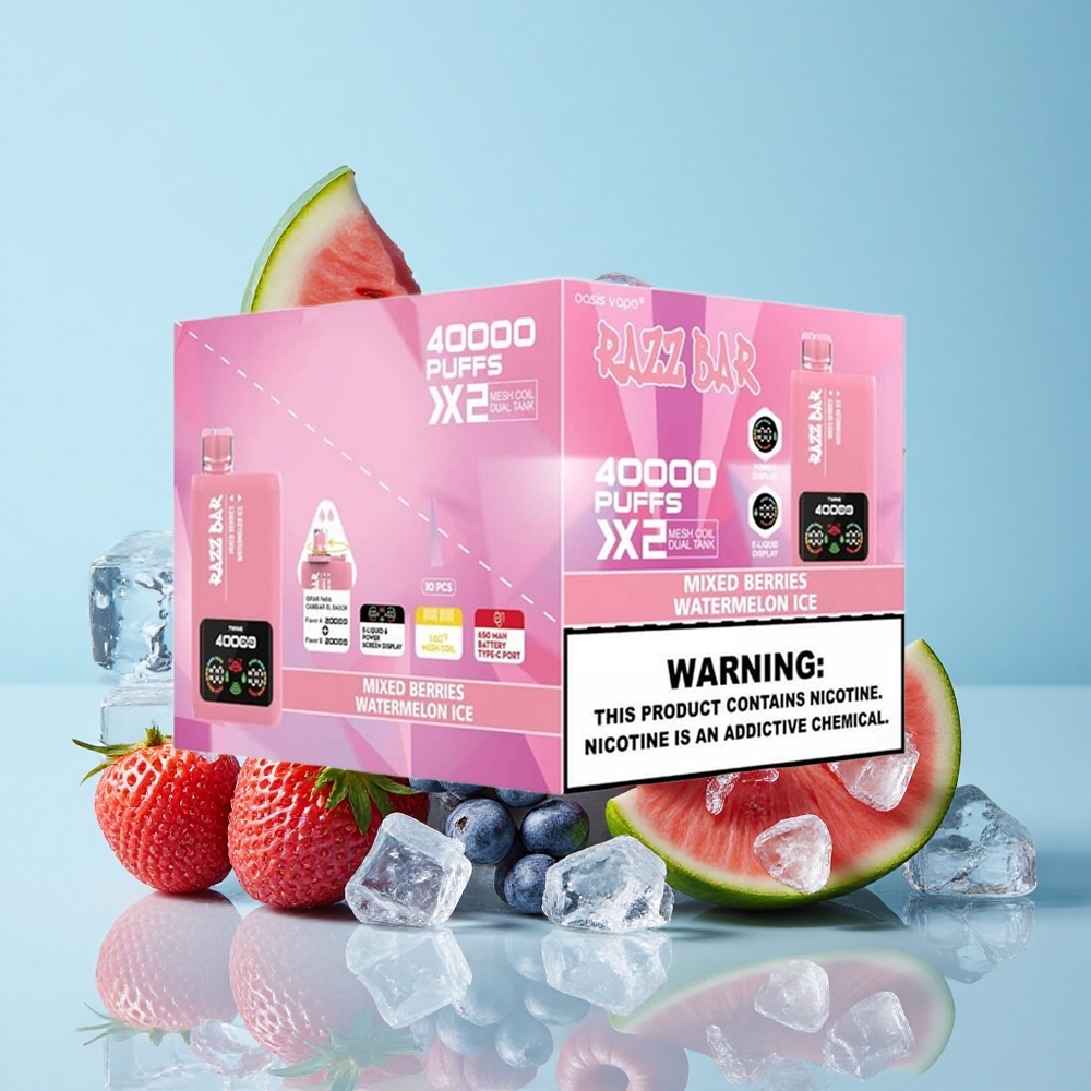 Razz Bar 40000 Puffs عصير التوت المختلط_بطيخ مثلج شاشة عرض الطاقة 1.0Ohm 2 Mesh Coil بطارية 650 مللي أمبير منفذ Type-C