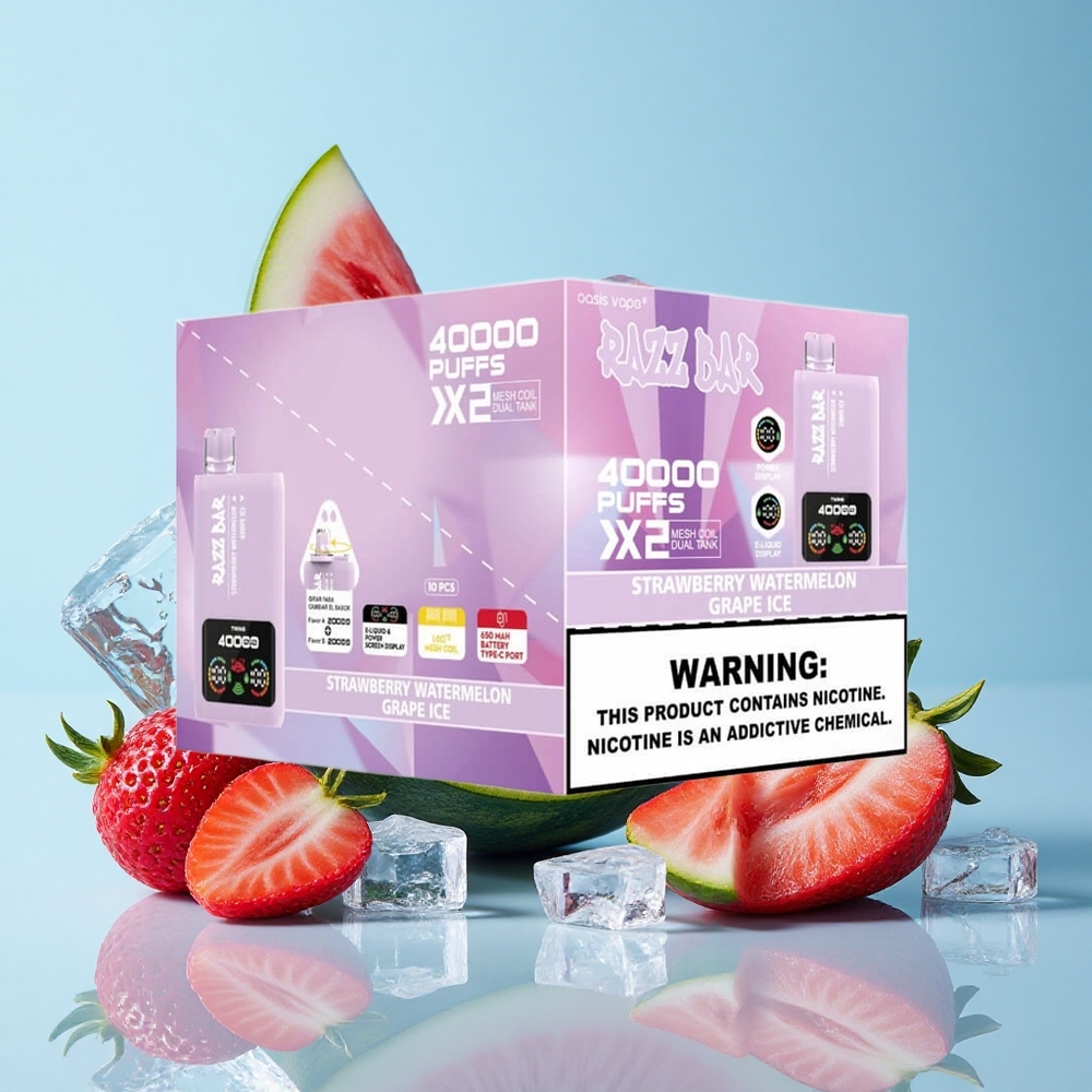 Razz Bar 40000 Puffs فراولة_بطيخ_عنب مثلج شاشة عرض الطاقة 1.0 أوم 2 ملف شبكي 650 مللي أمبير منفذ Type-C 2%،5% محتوى النيكوتين