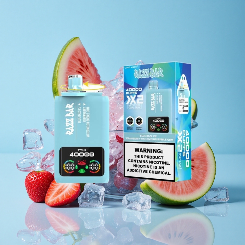 Razz Bar 40000 Puffs عصير التوت الأزرق الجليدي-البطيخ بالفراولة-علكة فقاعية شاشة عرض الطاقة 1.0 أوم 2 ملف شبكي