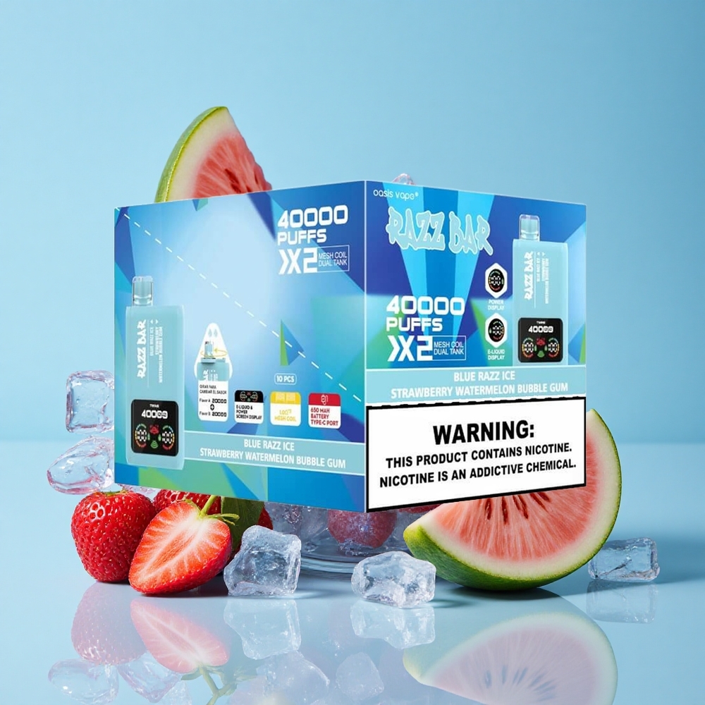 Razz Bar 40000 Puffs عصير التوت الأزرق الجليدي-البطيخ بالفراولة-علكة فقاعية شاشة عرض الطاقة 1.0 أوم 2 ملف شبكي