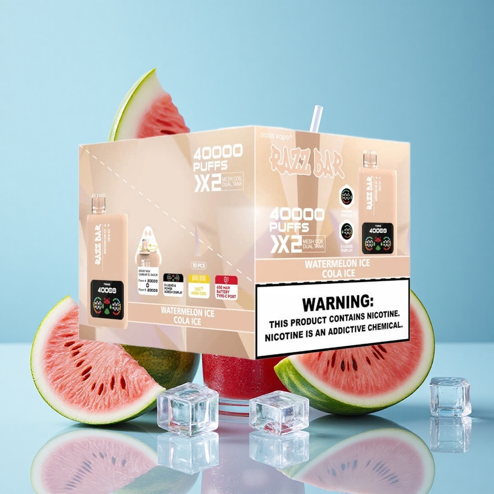 Razz Bar 40000 Puffs بطيخ مثلج_كولا مثلج شاشة عرض الطاقة 1.0 Ohm 2 ملف شبكي بطارية 650 مAh منفذ Type-C 2%،5% محتوى النيكوتين
