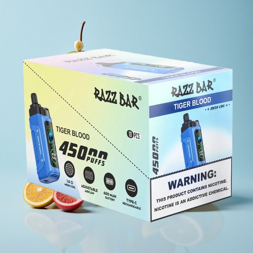 Razz Bar 45000 Puffs Tiger Blood دم النمر تدفق هواء قابل للتعديل تدفق هواء قابل للتعديل