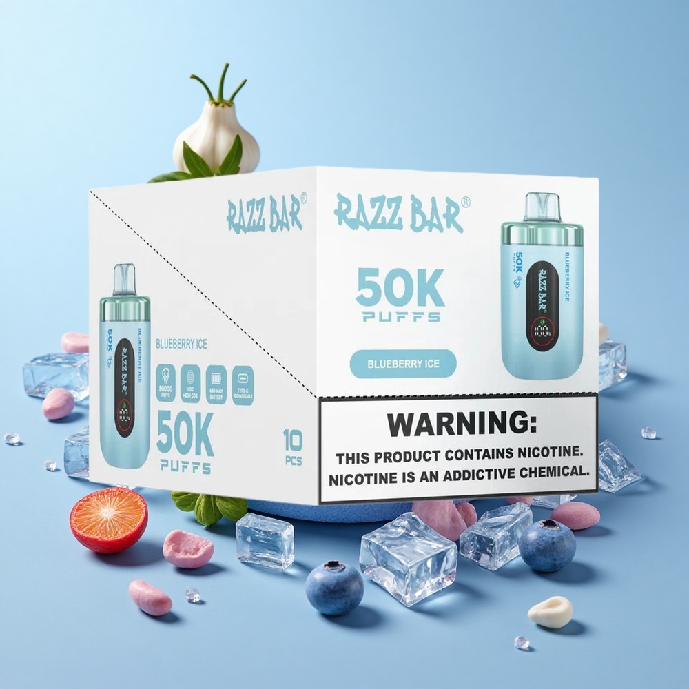 Razz Bar 50K Puffs توت أزرق مثلج بشريحة شبكية 1.0 أوم
