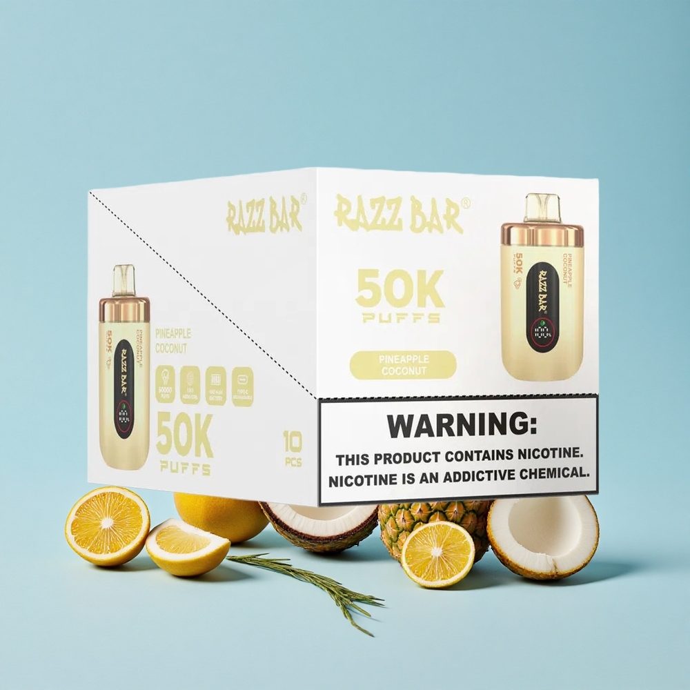 Razz Bar 50K Puffs أناناس جوز هند سيجارة إلكترونية للاستخدام مرة واحدة 1.0 Ohm Mesh Coil