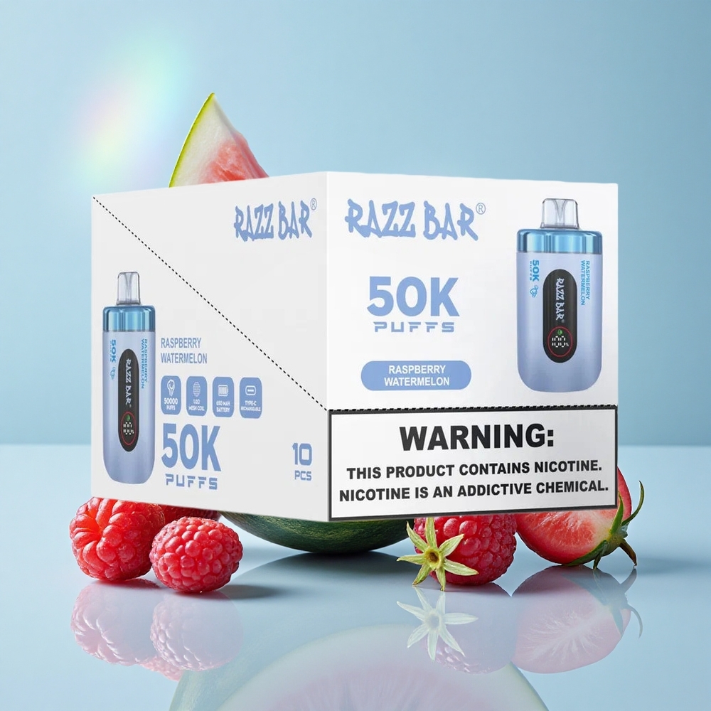 Razz Bar 50K Puffs سيجارة إلكترونية للاستخدام مرة واحدة توت العليق بطيخ 1.0 Ohm Mesh Coil