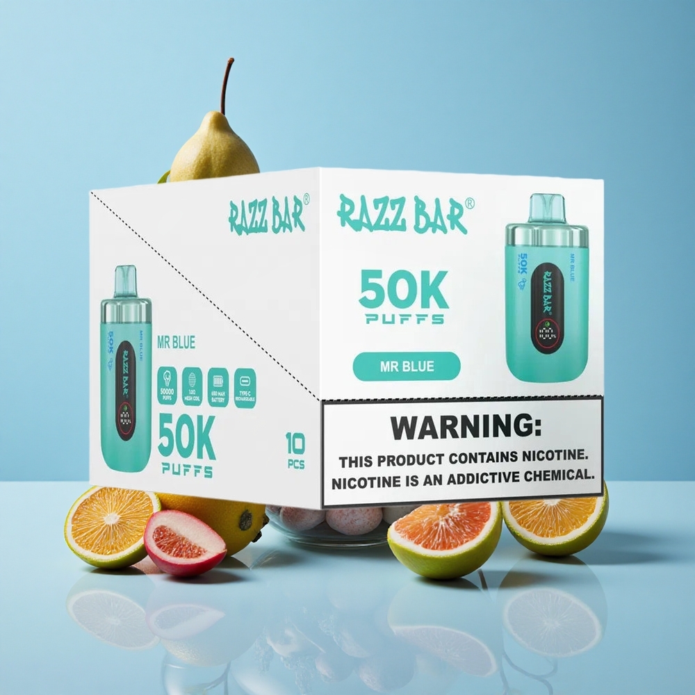 Razz Bar 50K Puffs Mr Blue (الأزرق) سيجارة إلكترونية للاستخدام مرة واحدة مع 2% محتوى النيكوتين