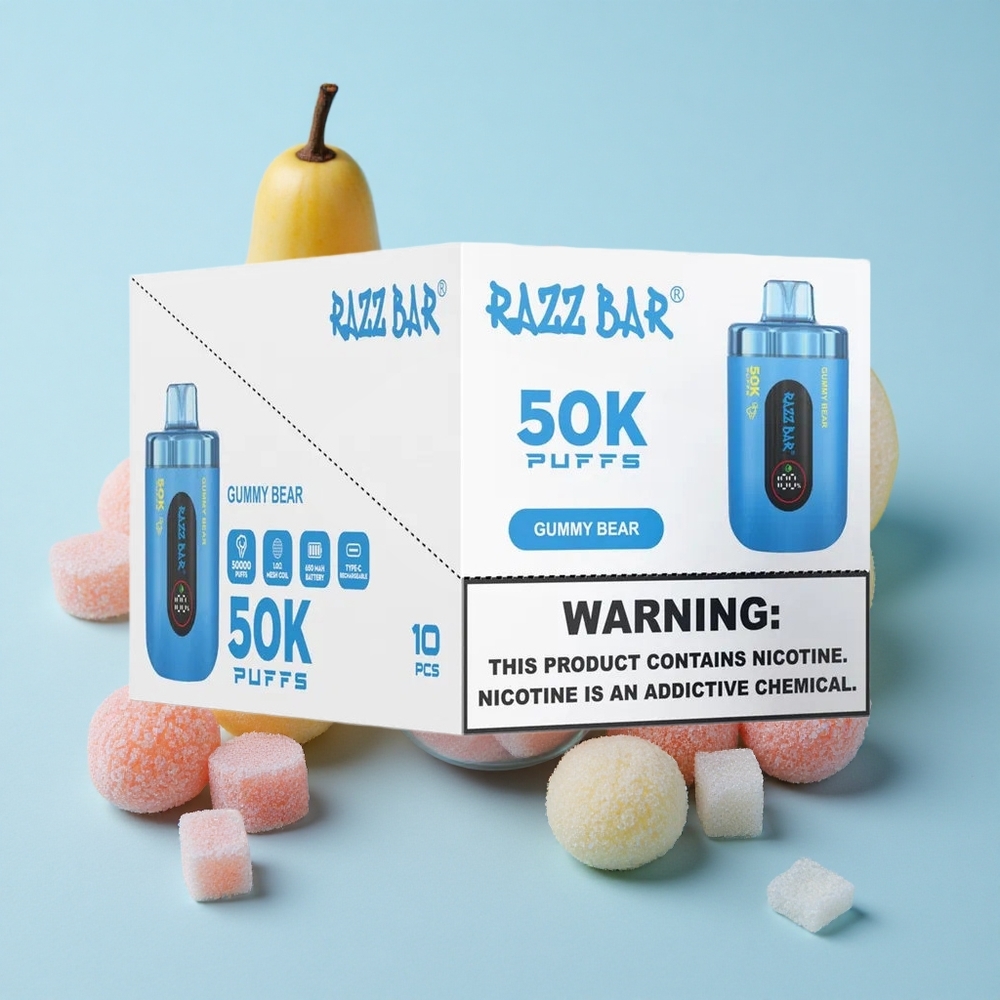 Razz Bar 50K Puffs سيجارة إلكترونية للاستخدام مرة واحدة حلوى الدب + Type-C قابل للشحن